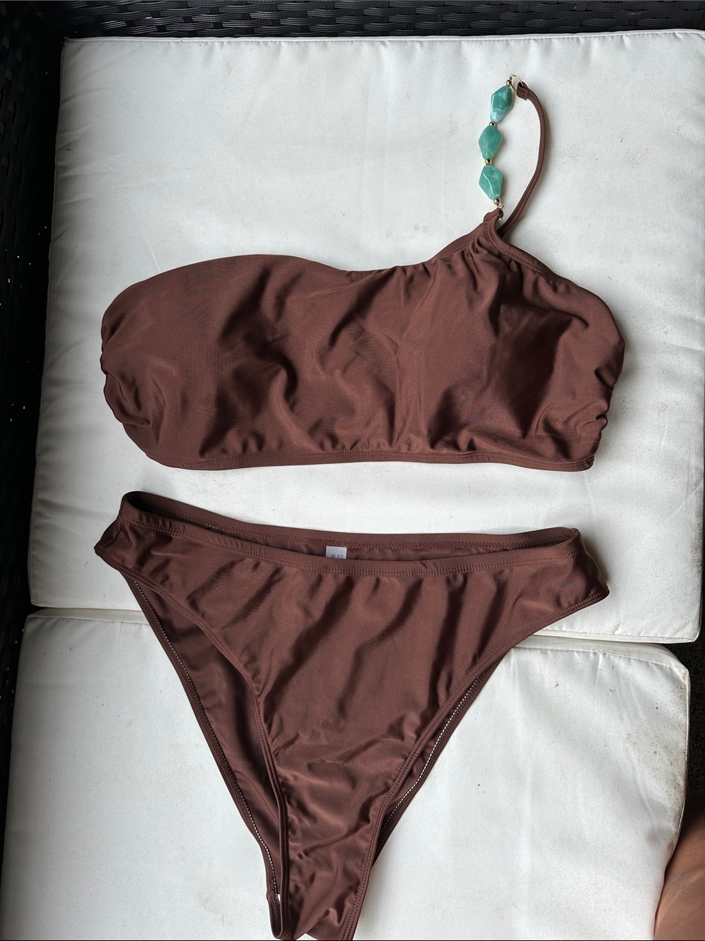 SHEIN Brown One-Shoulder Bikini with Bead Accent
